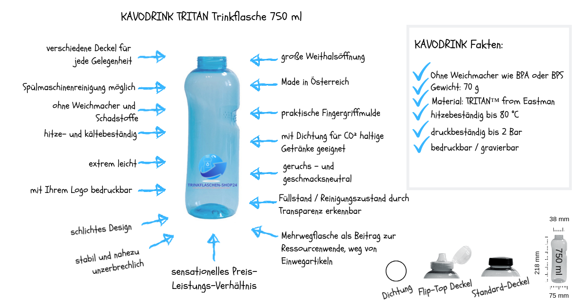 63x Kavodrink 0,75 Liter Trinkflasche Wasserflasche Tritan BPA frei *SPARPREIS